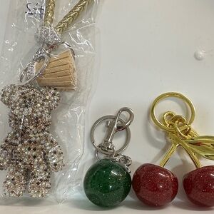 Crystal Teddy & Fruit Charm Keychain Set - Gold, Red, Green, Beige